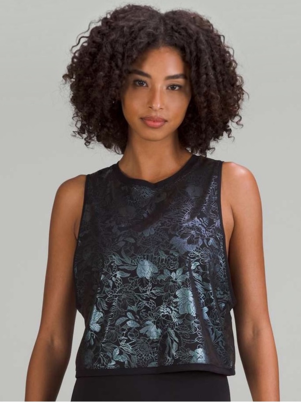 Lululemon Muscle Love Tank Top Black Metallic Floral Logo Flourish Shine Crop